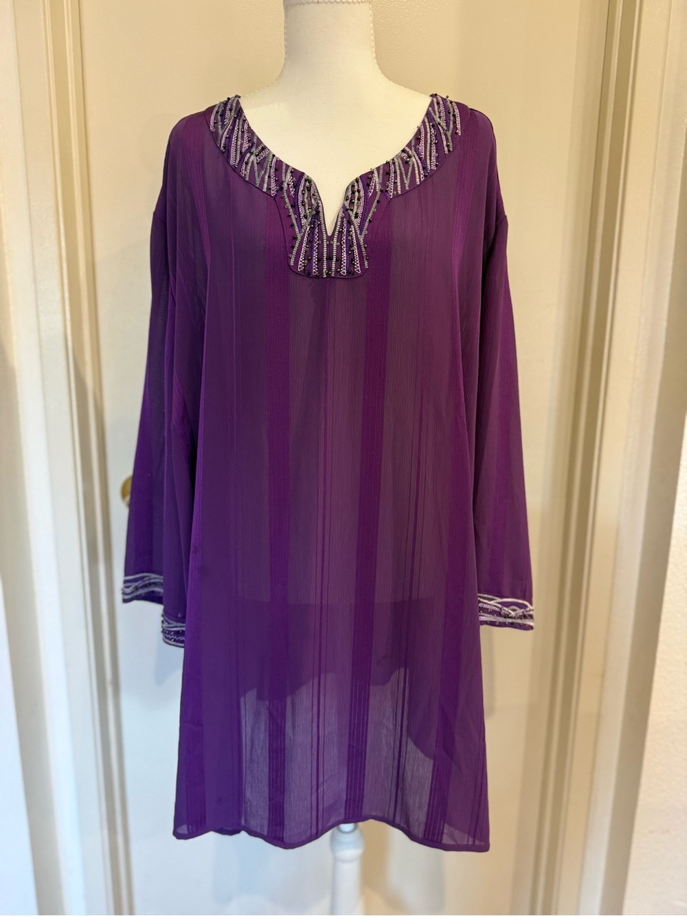 Plus Size 4X Maggie Barnes Sheer Purple Embellished V-Neck Tunic